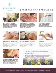 A close-up of a flyer of daily spa specials at Spa Evangeline, a delectable spa