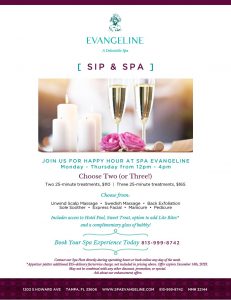 A flyer for Spa Evangeline Happy Hour specials in South Tampa