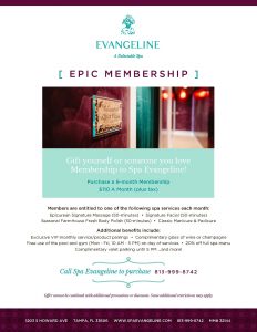 A close-up of a flyer spa membership at spa evangeline